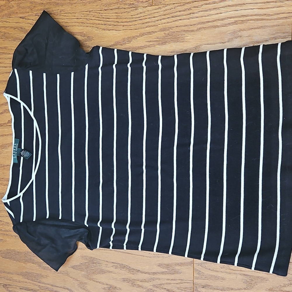 LRL Ralph Lauren Cotton Crew Neck Top Black White Striped Flutter Sleeve Large
